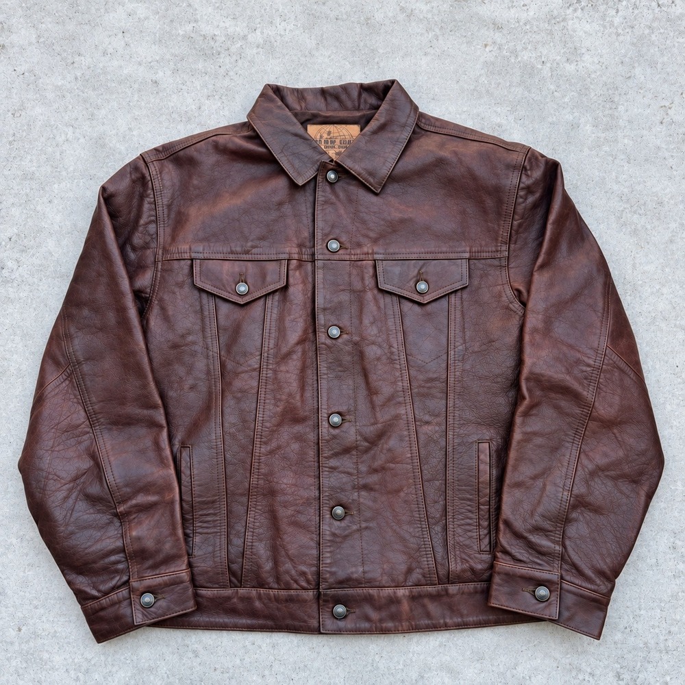 Gap Blue Jeans XL Brown Leather Trucker Jacket Patina Vintage World Standard